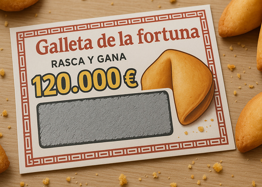 Billete de rasca y gana de la ONCE con diseño de galleta de la fortuna y premio de 120.000€.
