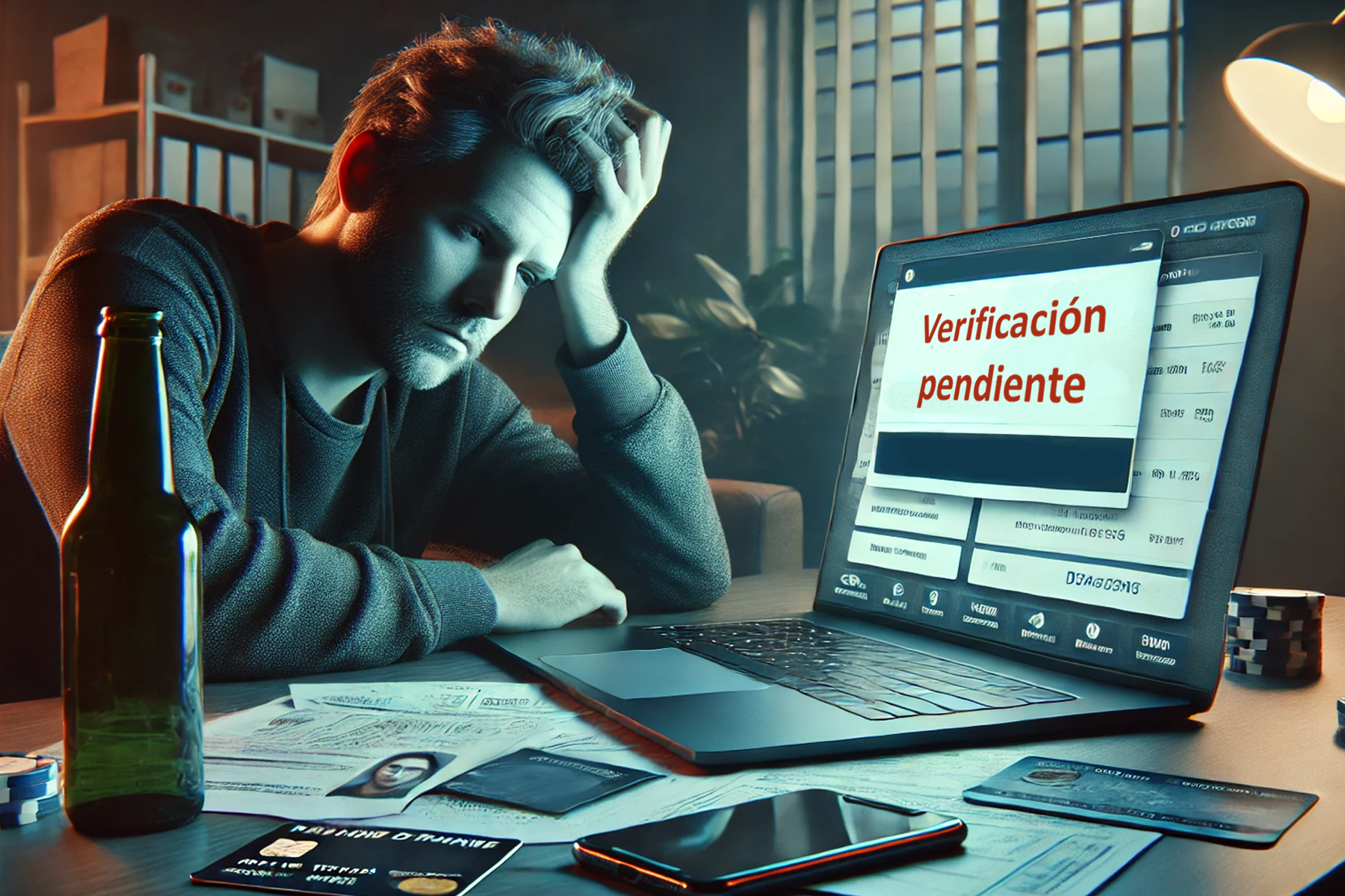 Hombre preocupado frente a una laptop con el mensaje “Verificación pendiente”.