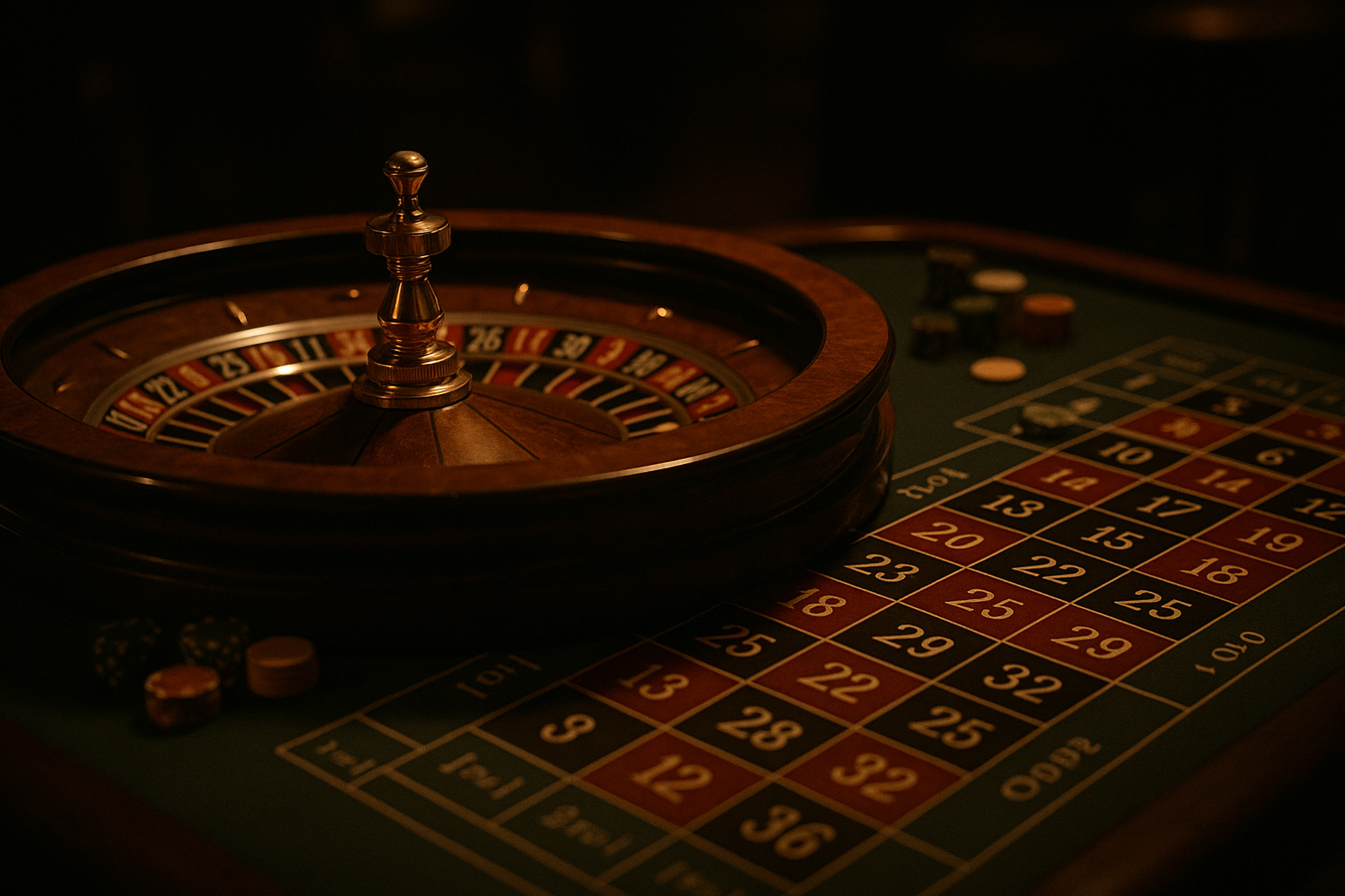 Ruleta de casino clásica con fichas sobre el tapete numérico.