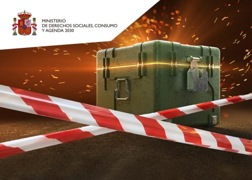 Caja de botín sellada con cintas de precaución y el logotipo del Ministerio de Consumo de España.