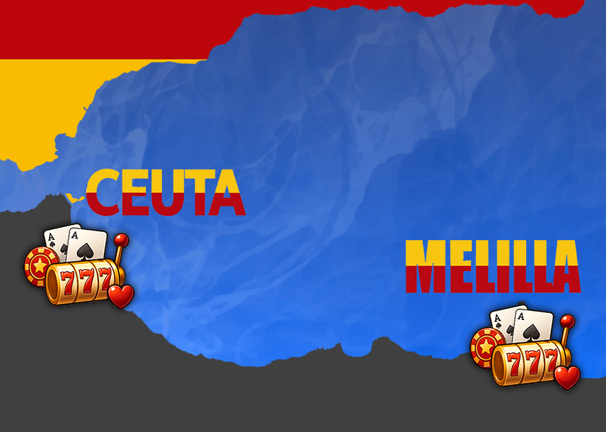 Mapa de Ceuta y Melilla con íconos de tragamonedas y cartas de casino.