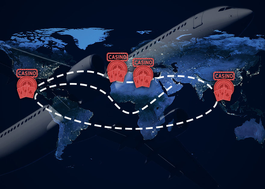 Mapa del mundo con una ruta aérea que conecta distintos destinos de casinos.