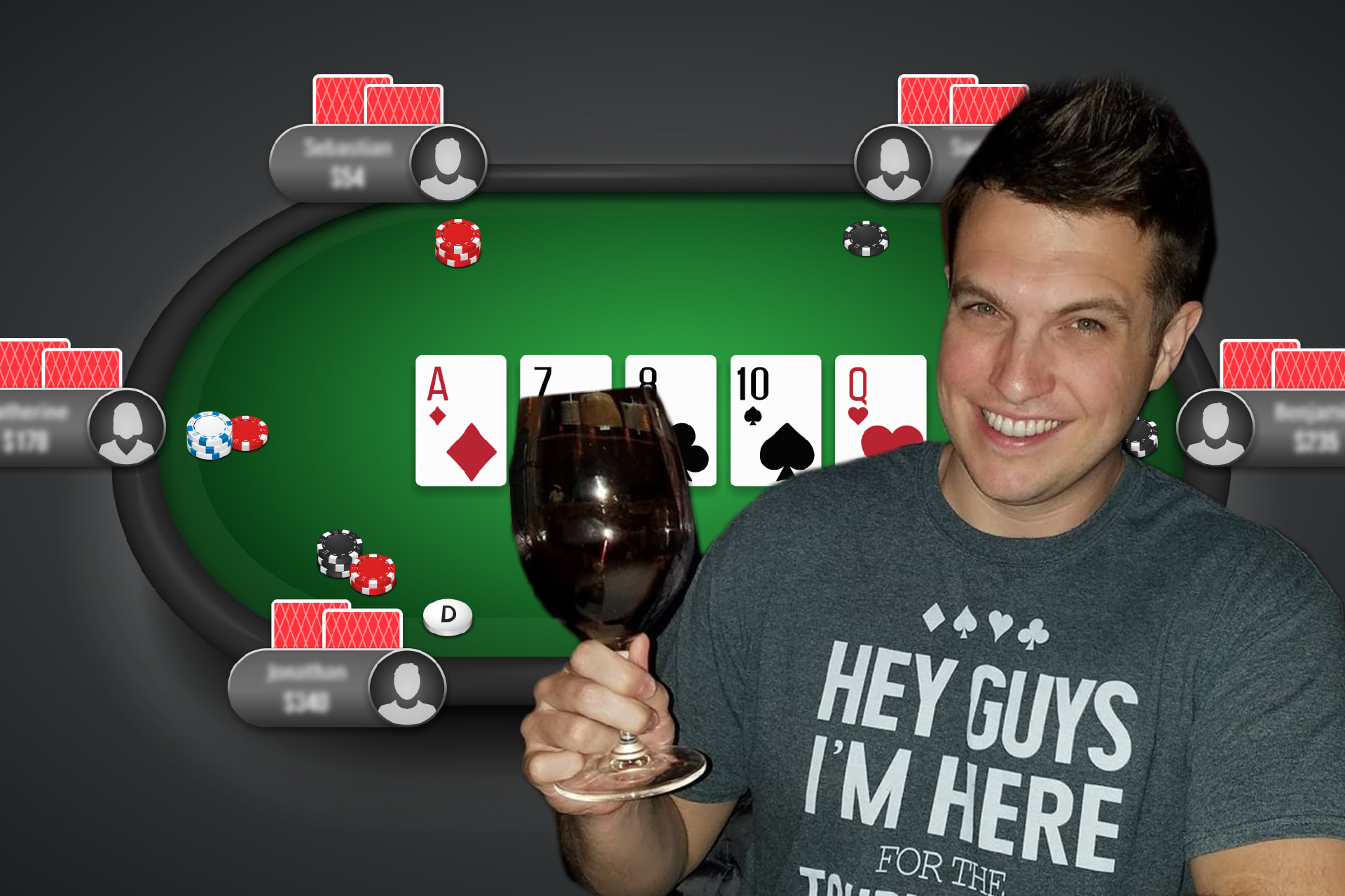 Doug Polk sonriendo y brindando con una copa frente a una mesa virtual de cartas y fichas.