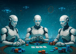 Tres robots humanoides jugando al póker en una mesa llena de fichas y cartas.