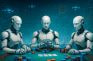 Tres robots humanoides jugando al póker en una mesa llena de fichas y cartas.