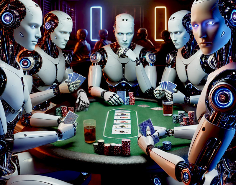 Robots jugando al póker en una mesa que representa el avance de la inteligencia artificial en el juego online.