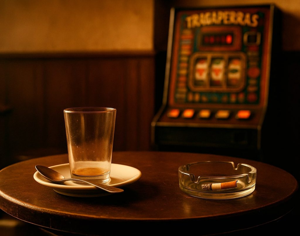 Mesa de bar con un vaso vacío, un plato con una cucharilla y un cenicero con una colilla, con una máquina tragaperras desenfocada al fondo.
