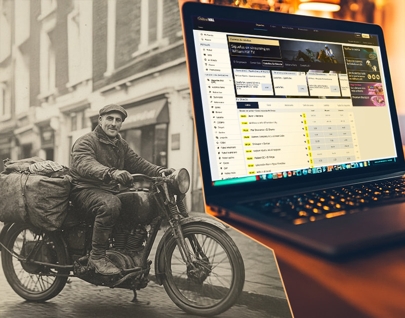 William Hill en motocicleta en una calle inglesa de los años 30 junto a la moderna plataforma digital de apuestas.