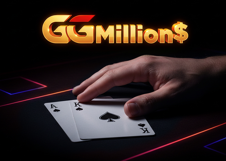 Mano mostrando dos cartas de póker, un as y un rey de picas, bajo el logo iluminado de “GGMillion$”.