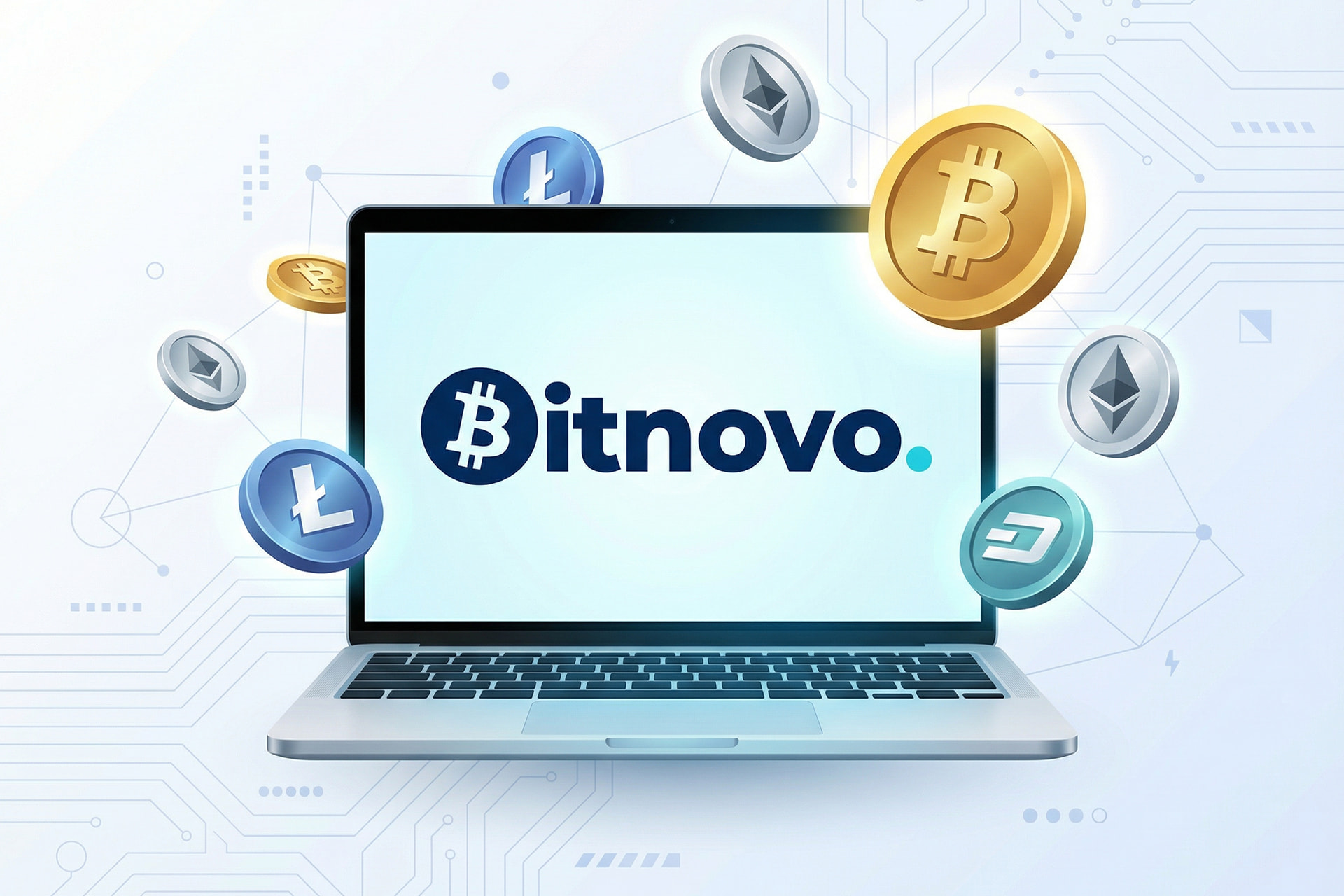 Portátil con el logotipo de Bitnovo rodeado de iconos de criptomonedas.