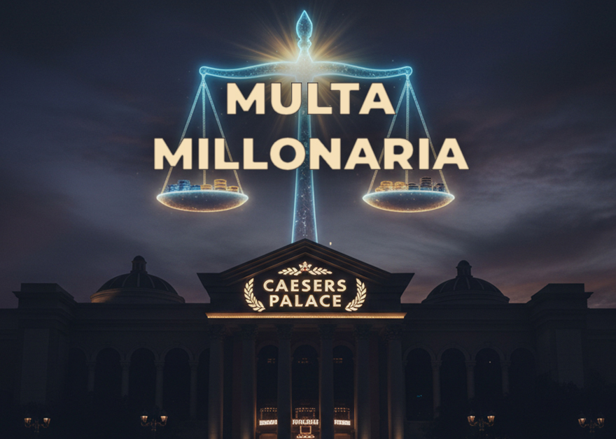Fachada nocturna del Caesars Palace con una balanza luminosa en el cielo y el texto “Multa millonaria”.