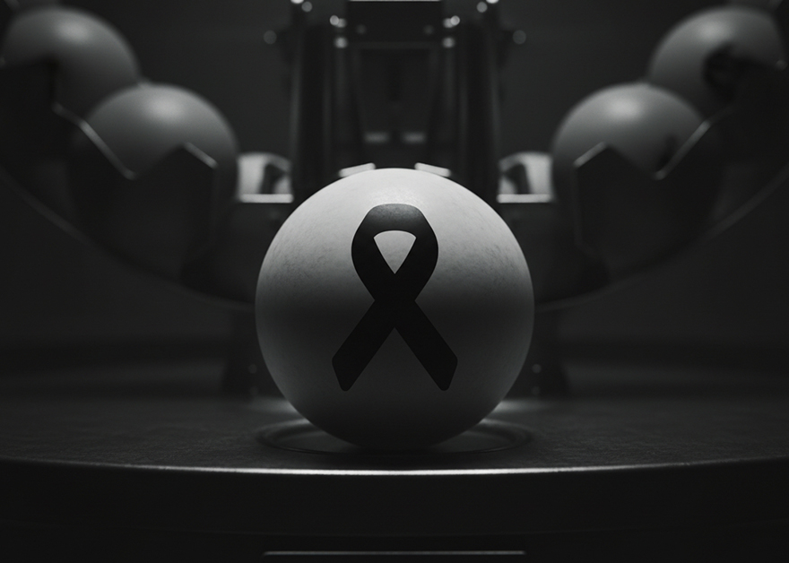 Bola de sorteo en blanco y negro con un lazo de luto impreso en el centro.