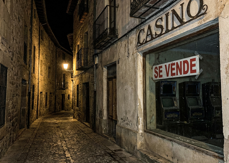 Local de salón de juego con cartel en venta en una calle estrecha en España.