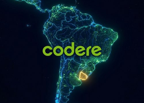 Mapa digital de Sudamérica destacando Uruguay y el logo del grupo Codere en el centro.