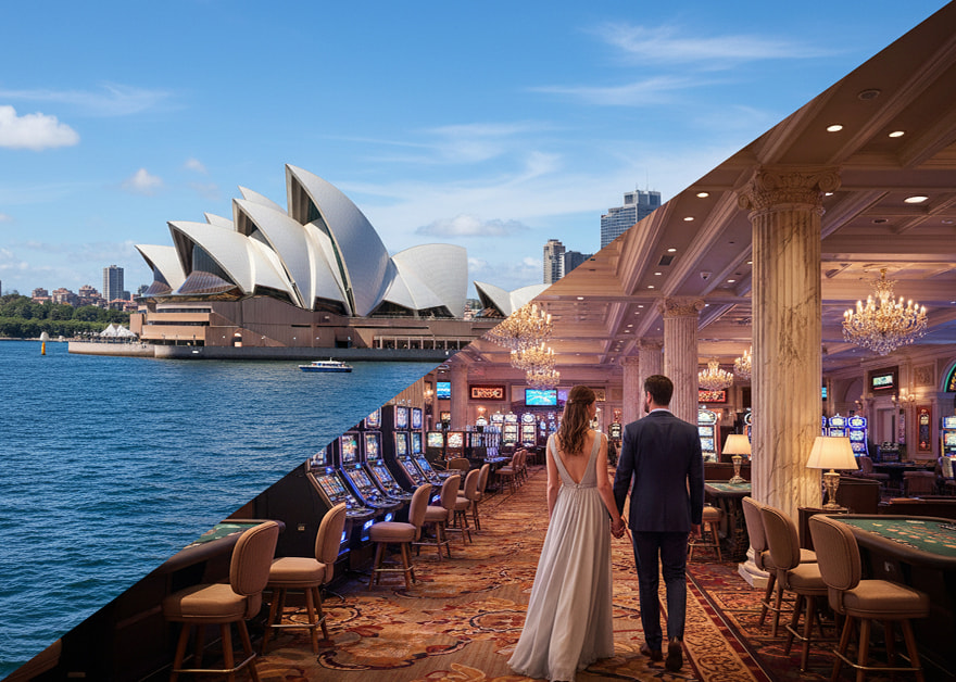 La Ópera de Sídney y el interior de un casino con una pareja caminando.