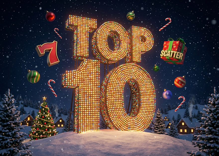 Cartel festivo “Top 10” que representa la selección de los mejores juegos navideños en casinos online españoles.
