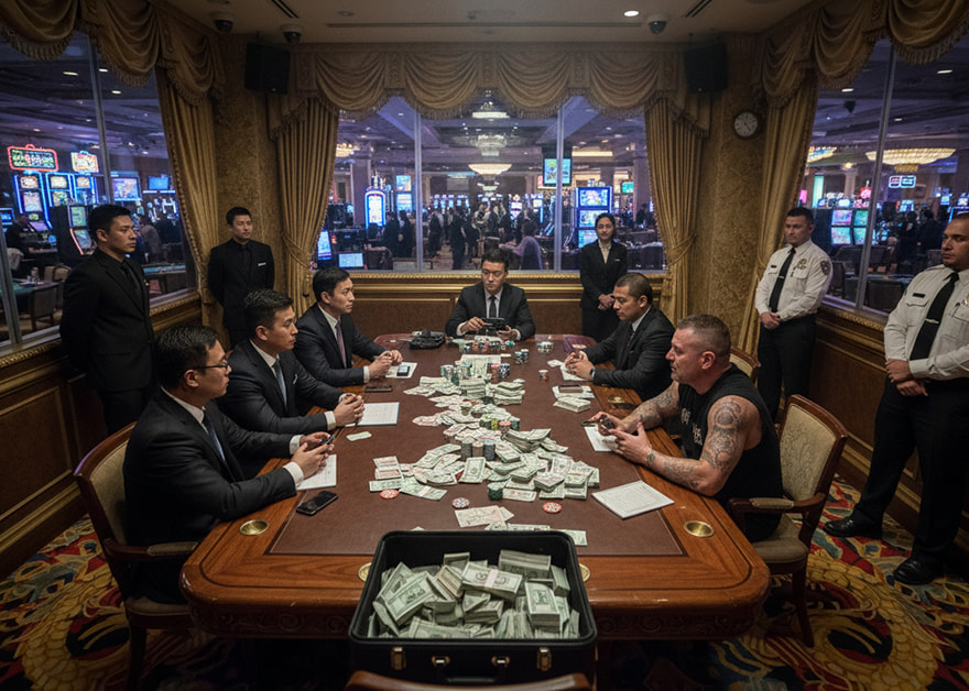 Mesa de póker con grandes cantidades de dinero en efectivo dentro de un casino.