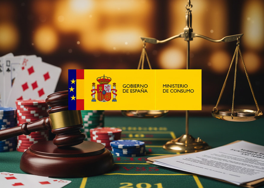 Mazo judicial y balanza sobre una mesa de casino con fichas y cartas.