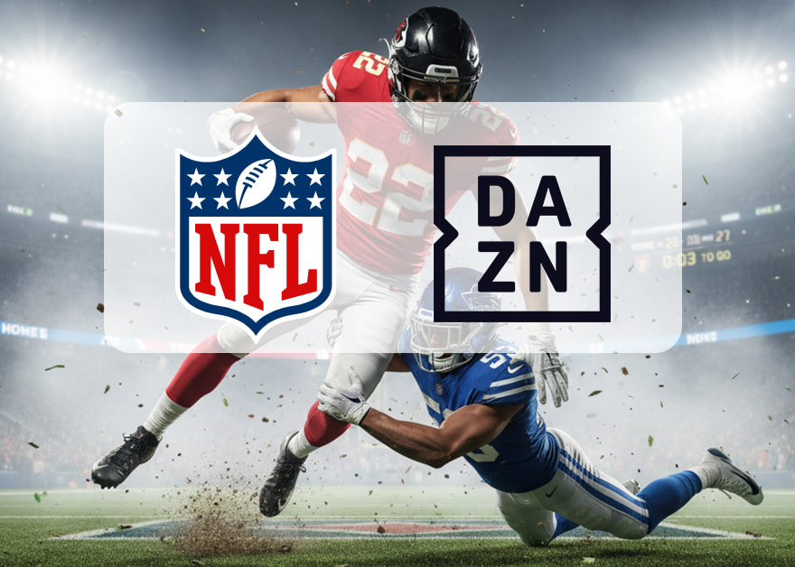 Acción de fútbol americano con los logotipos de NFL y DAZN superpuestos.