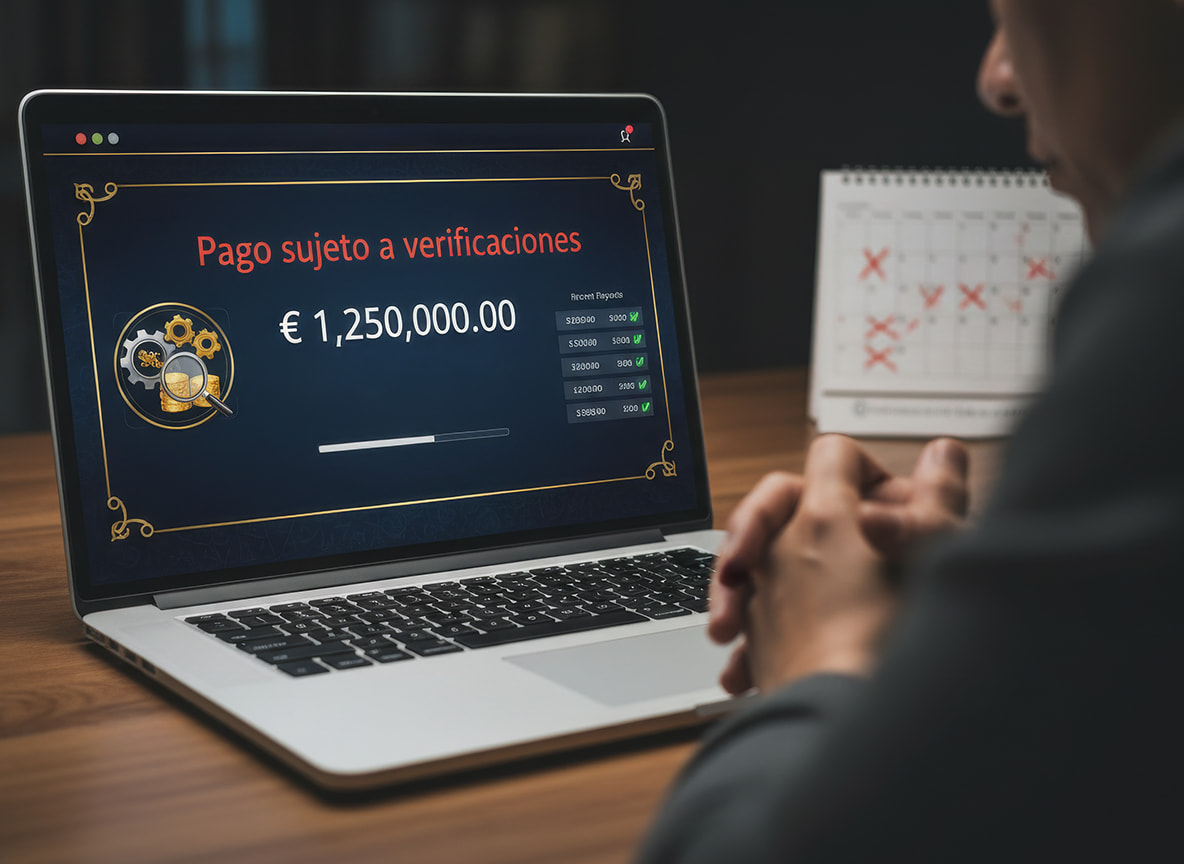 Portátil con mensaje de “Pago sujeto a verificaciones” y un importe de €1.250.000.