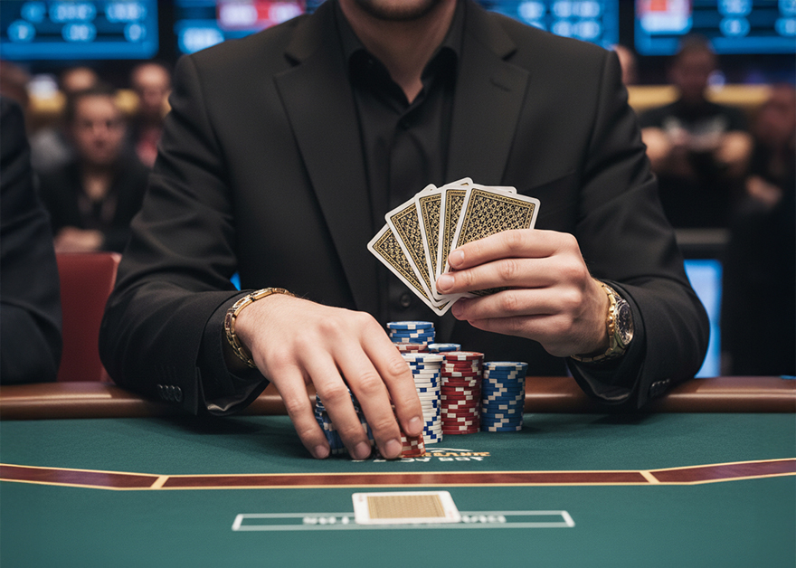 Jugador de póker sosteniendo cartas sobre mesa verde con fichas.