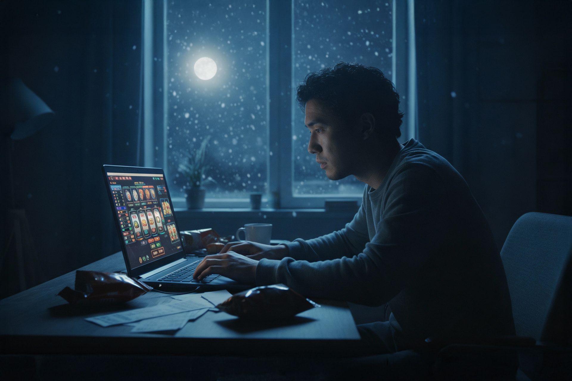 Hombre jugando a casino online de noche frente a un portátil.