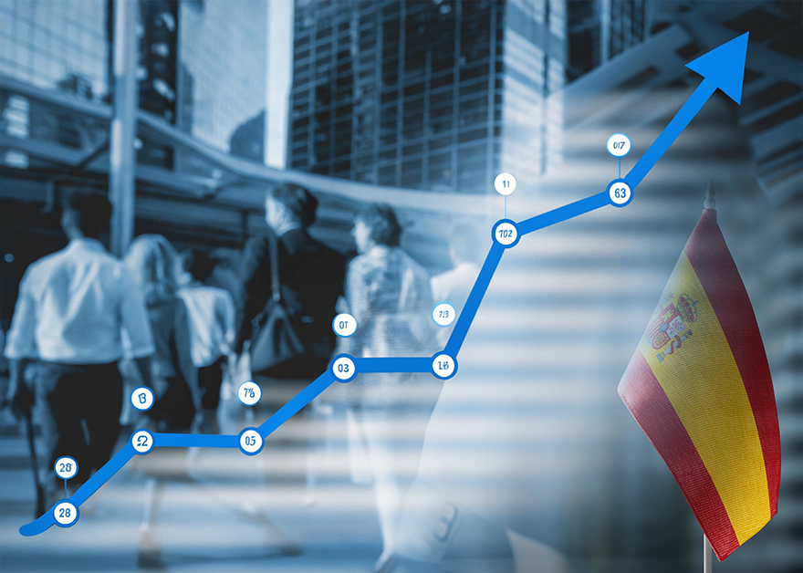 Gráfico ascendente con flecha azul y bandera de España en primer plano.