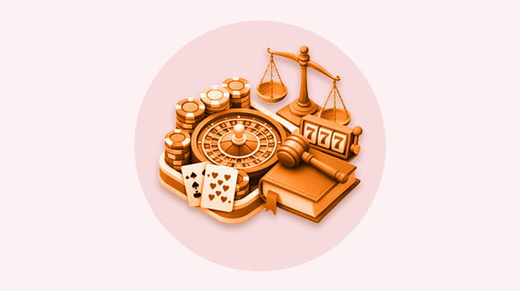 Símbolos de casino junto a una balanza de la justicia representando regulación del juego online