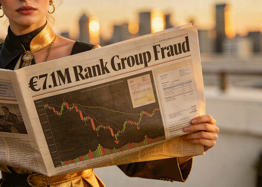 Persona leyendo un periódico con el titular sobre fraude de Rank Group.