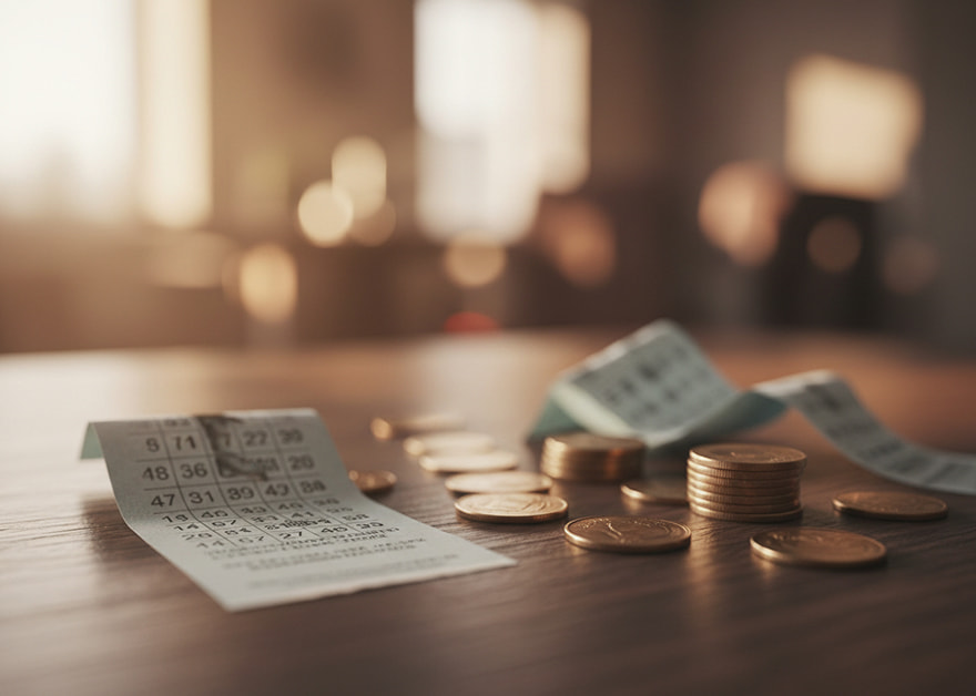 Monedas y recibo de lotería sobre una mesa.