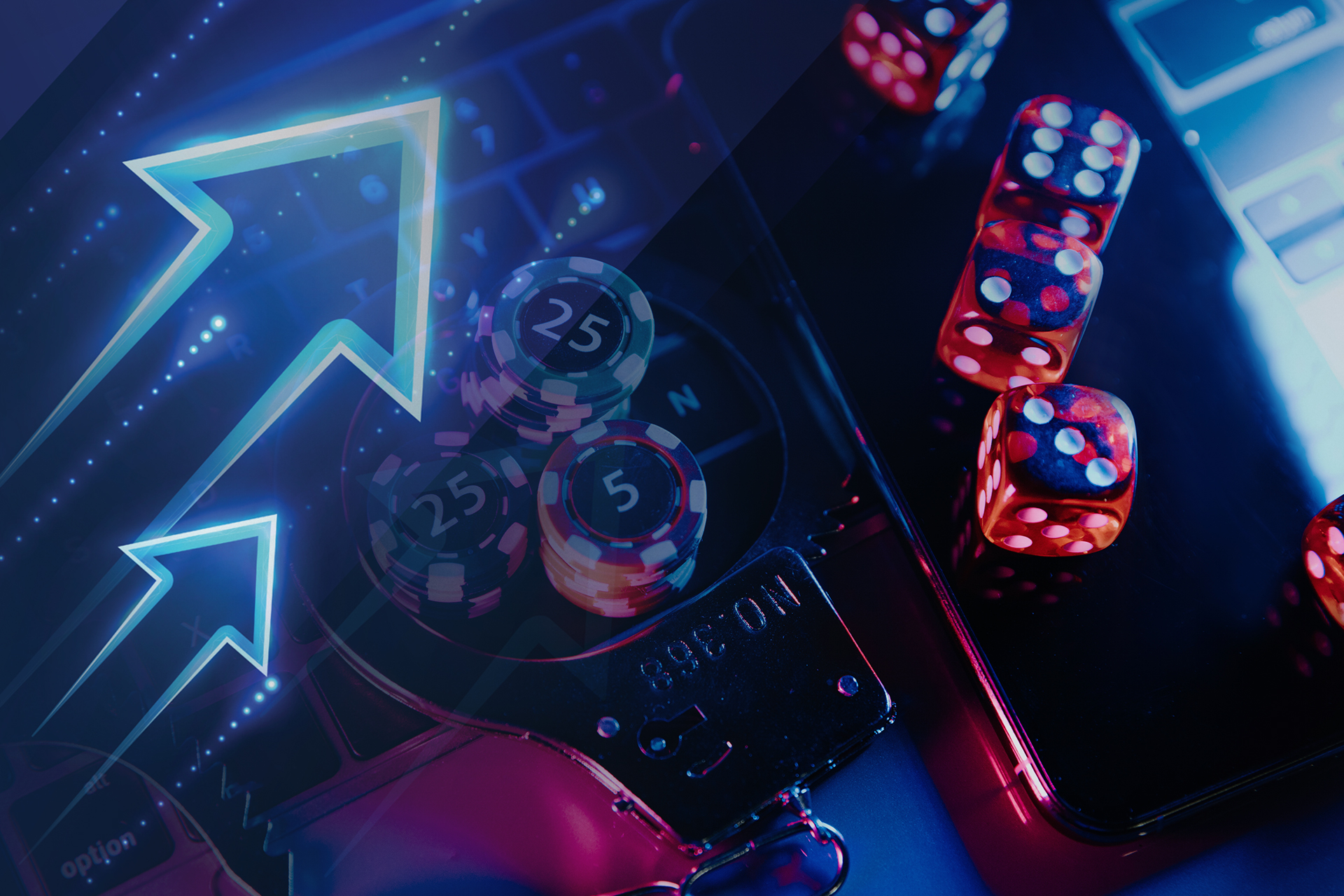 Dados, fichas y gráficos digitales sobre una pantalla.