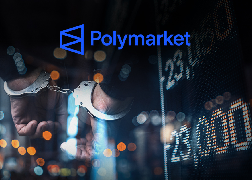 Esposas en manos con logo Polymarket y números bursátiles al fondo.