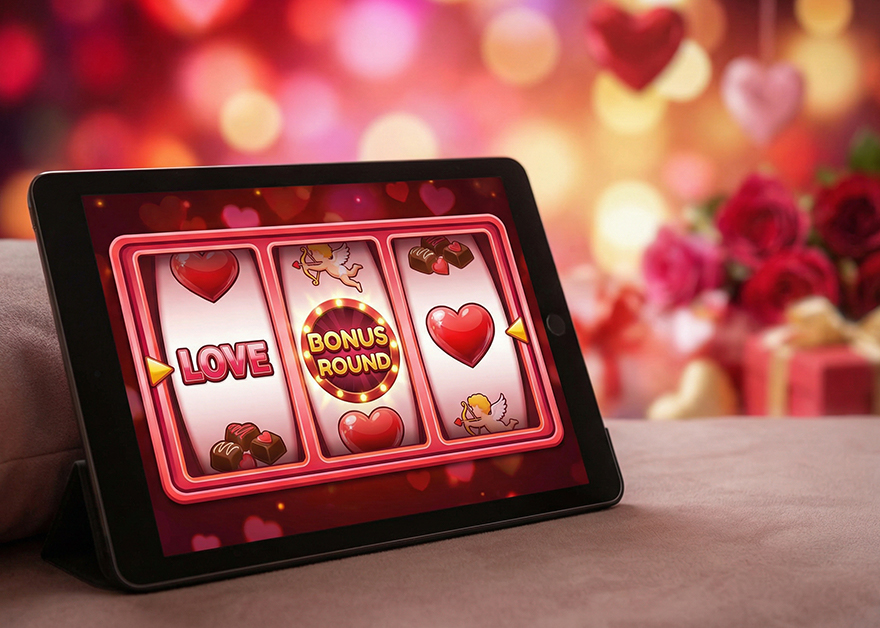 Tablet con tragaperras de corazones y texto “LOVE” y “BONUS ROUND”.