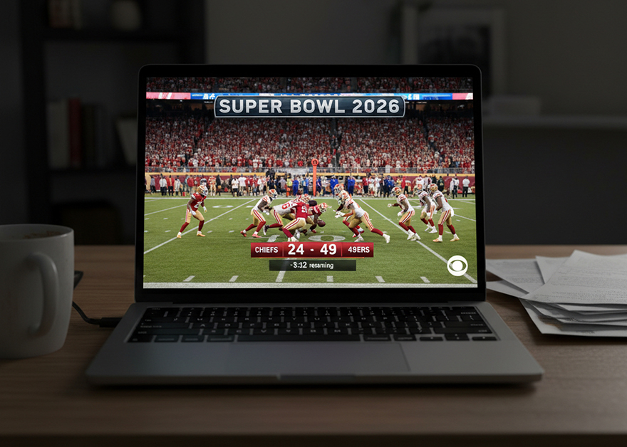 Portátil mostrando partido de fútbol americano con rótulo “SUPER BOWL 2026”.