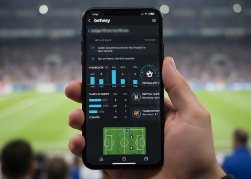 Mano sosteniendo móvil con estadísticas de partido de fútbol en pantalla.