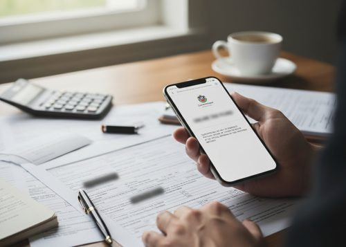 Persona revisando documentos y un móvil sobre una mesa de trabajo.