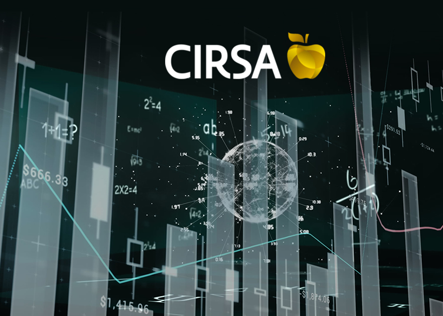 Gráficos financieros digitales con logotipo de Cirsa y fondo tecnológico.