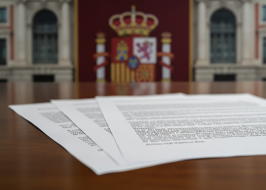 Hojas impresas sobre mesa, con escudo de España desenfocado al fondo.