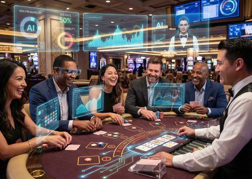 Personas jugando al póker en casino con gráficos y paneles de IA superpuestos.