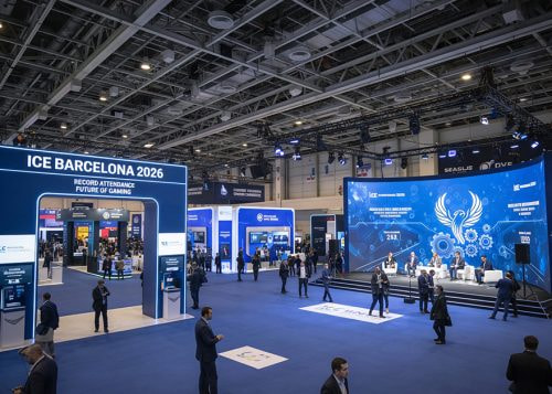 Vista de una feria tecnológica con stands y escenario “ICE Barcelona 2026”.