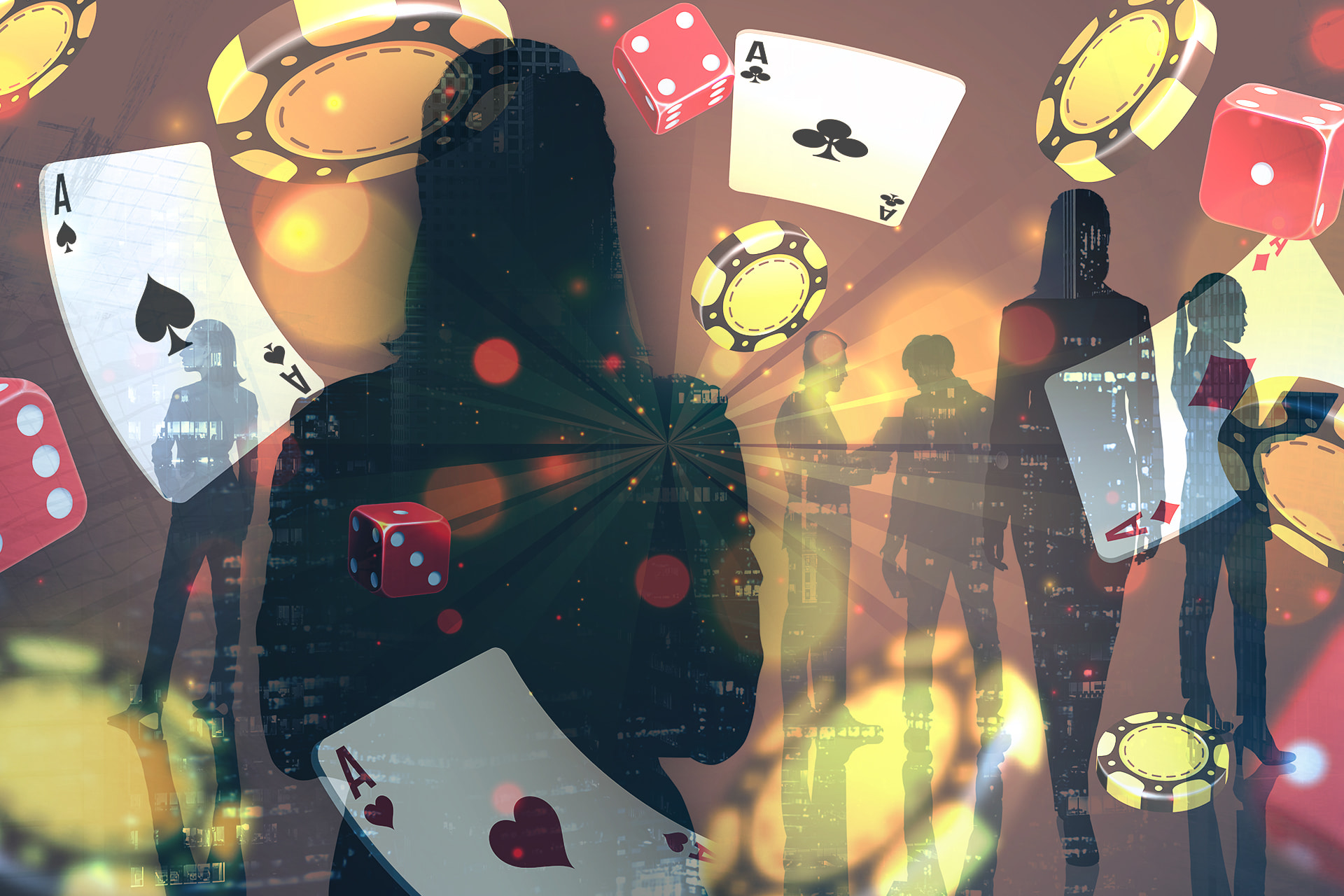 Silueta de mujer con naipes, fichas y dados sobre fondo urbano.
