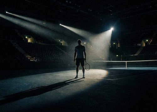Tenista de espaldas en pista cubierta, iluminado por focos en un estadio vacío.