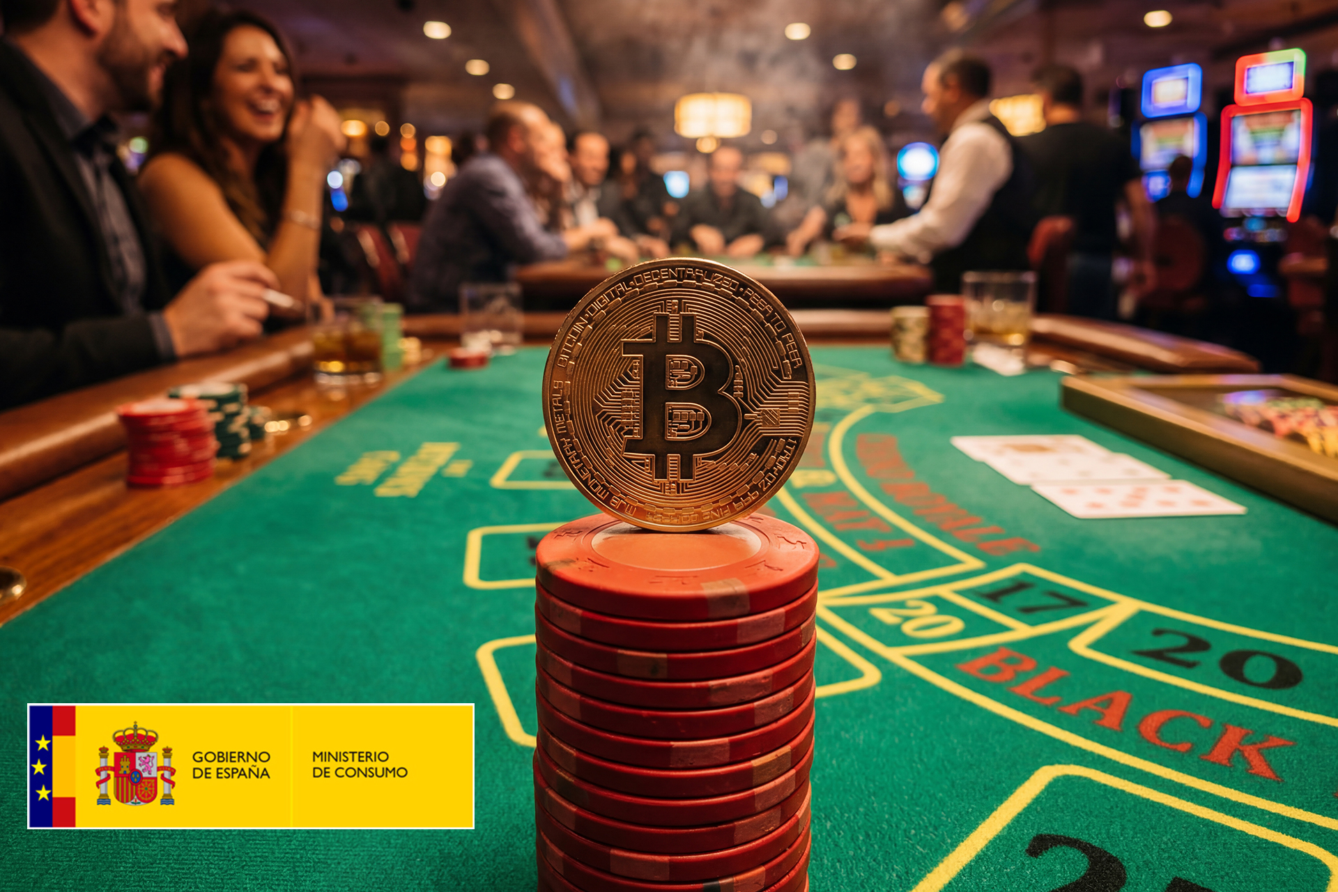 Moneda de Bitcoin sobre fichas en mesa de blackjack con jugadores al fondo.