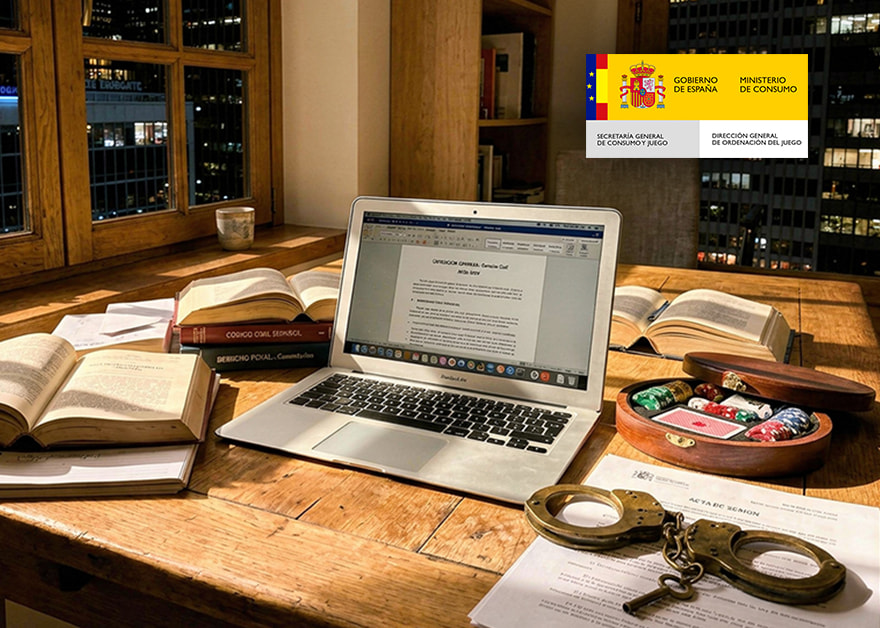 Mesa con portátil, documentos legales y esposas sobre escritorio.