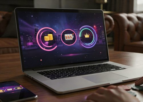 Portátil con interfaz de casino y iconos de progreso tipo “battle pass” en pantalla.