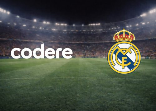 Logos de Codere y Real Madrid sobre un estadio de fútbol.