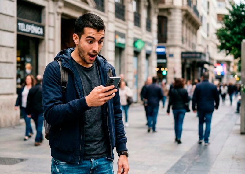 Hombre sorprendido mirando su móvil en una calle concurrida.