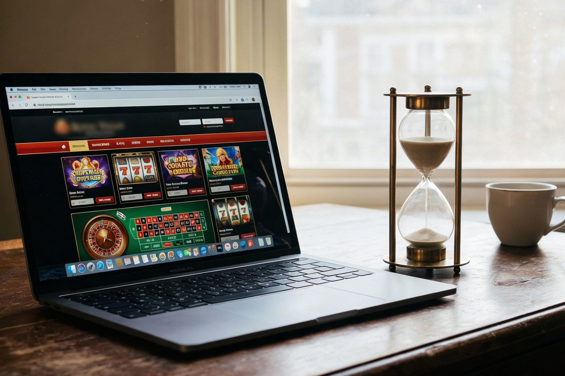 Portátil con juegos de casino online y un reloj de arena al lado.