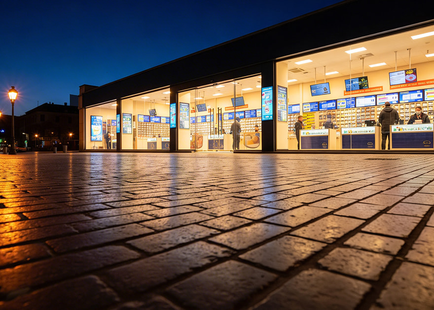 Administración de lotería iluminada por la noche con personas dentro.