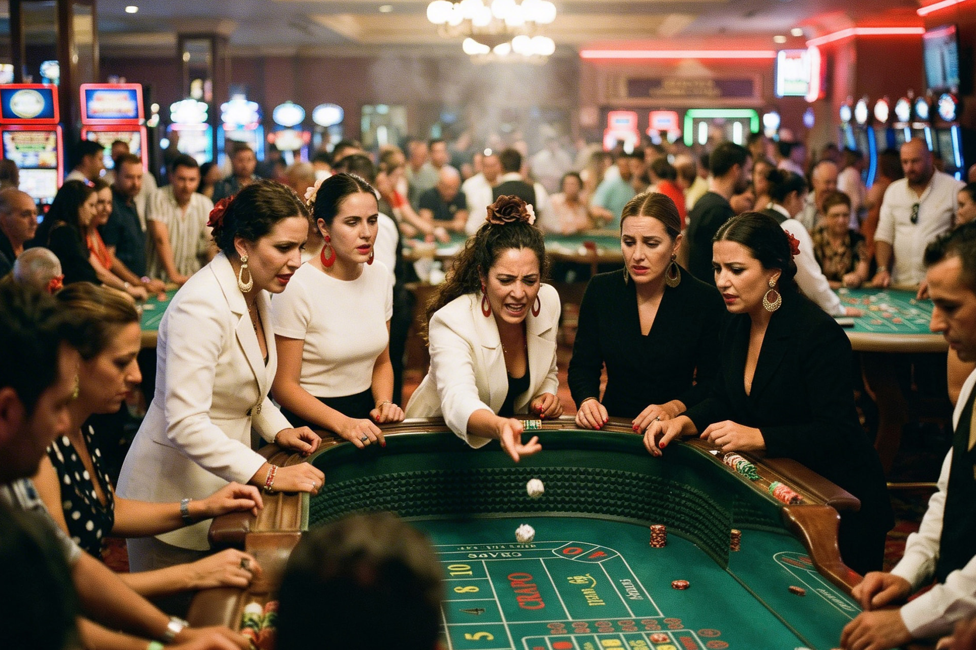 Grupo de mujeres jugando en mesa de casino con crupier.